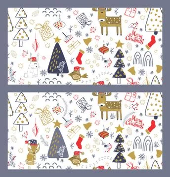 Set of Winter forest background with animals and trees. Seamless pattern Stock Illustration