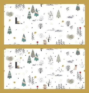 Set of winter forest backgrounds with animals and trees. Seamless pattern. Ho Illustrazione stock