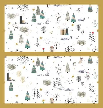 Set of winter forest backgrounds with animals and trees. Seamless pattern. Ho イラスト素材
