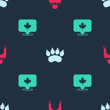 Set Winter hat, Bear paw footprint and Canadian maple leaf on seamless pattern イラスト素材