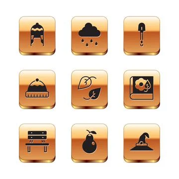 Set Winter hat, Bench, Pear, Leaf, Shovel, Witch and Cloud with rain icon Stock Illustration