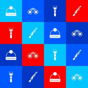 Set Winter hat, Binoculars, Flashlight and Shotgun icon. Vector Stock Illustration