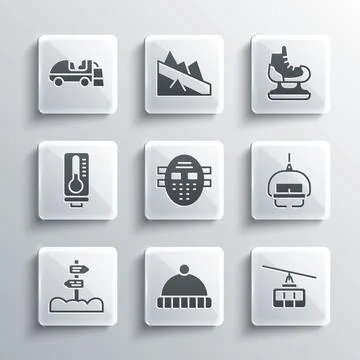 Set Winter hat, Cable car, Ski lift, Hockey mask, Road traffic signpost Stock Illustration