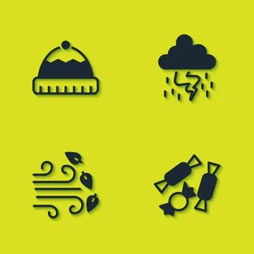 Set Winter hat, Candy, Windy weather and Storm icon. Vector Stock Illustration