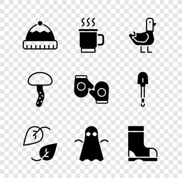 Set Winter hat, Cup of tea, Dove, Leaf, Ghost, Waterproof rubber boot, Mush.. Stock-Illustration