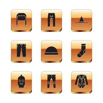 Set Winter hat with ear flaps, Balaclava, Pants, Beanie, Gardener worker, Blazer Stock Illustration