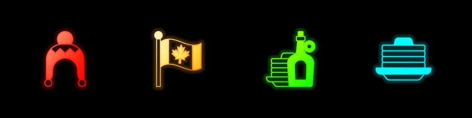 Set Winter hat, Flag of Canada, Syrup with pancakes and Stack icon. Vector Stock Illustration