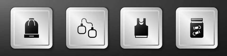 Set Winter hat, Handcuffs, Undershirt and Evidence bag with bullet icon. Silver Stock Illustration