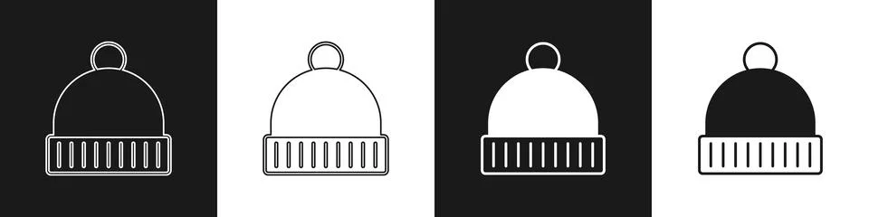 Set Winter hat icon isolated on black and white background. Vector Stock Illustration