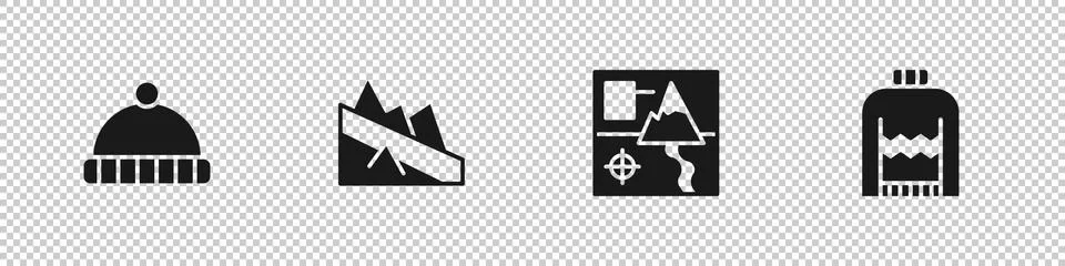 Set Winter hat, Mountain descent, Folded map and Christmas sweater icon. Vector Stock Illustration