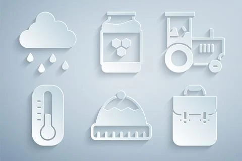 Set Winter hat, Tractor, Thermometer, School backpack, Jar of honey and Cloud Stock Illustration