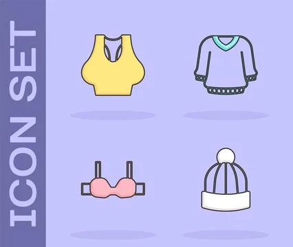 Set Winter hat, Undershirt, Bra and Sweater icon. Vector Stock Illustration