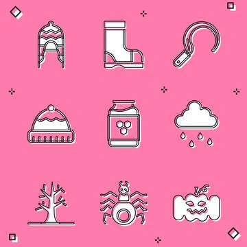 Set Winter hat, Waterproof rubber boot, Sickle, Jar honey, Cloud with rain,.. 스톡 일러스트
