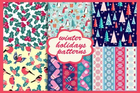 Set of winter holiday seamless patterns Merry Christmas and Happy New Year. Stock Illustration