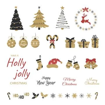 Set of winter holidays design elements. Cheerful hand-drawn New Year stickers Illustrazione stock