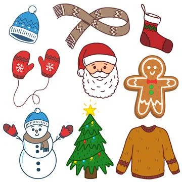 Set of winter holidays design elements. Hand-drawn style. Stock Illustration