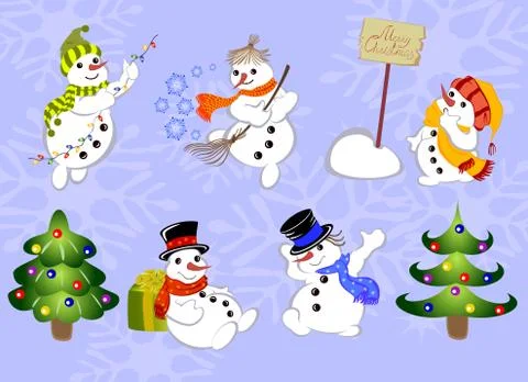 Set of winter holidays snowman on background with snowflakes. Vector Stock Illustration
