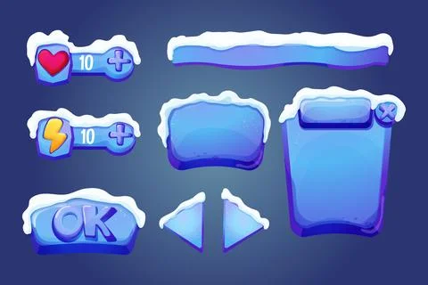 Set winter ice fantasy interface template game menu with snow in cartoon style Illustrazione stock