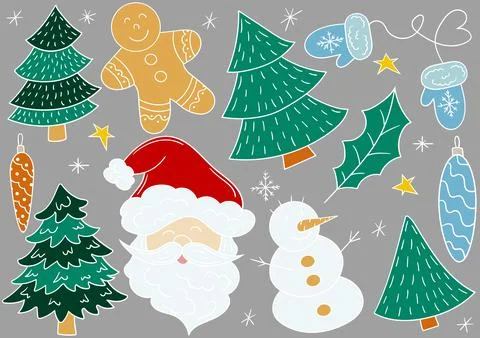 Set of winter illustrations in hand drawing style Stock Illustration