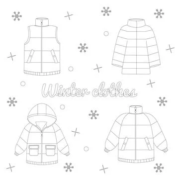 Set of winter jackets. Warm jacket. Winter clothing. Color book Stock Illustration