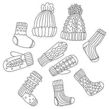 Set with winter knitted clothes in doodle sketch style. Stock Illustration