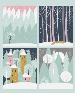 Set of winter lanscape in flat style Stock Illustration