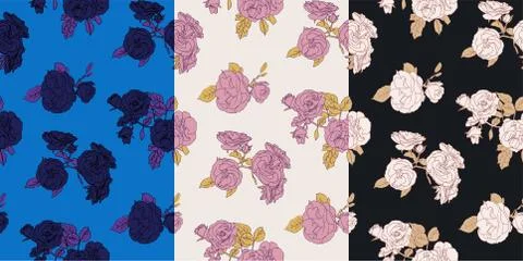 Set of winter line vector flowers seamless patterns Stock Illustration