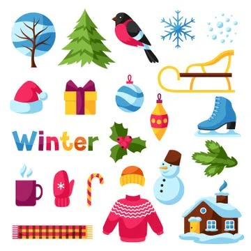 Set of winter objects. Merry Christmas, Happy New Year holiday items and symbols Stock Illustration