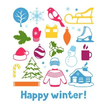 Set of winter objects. Merry Christmas, Happy New Year holiday items and symbols Illustrazione stock