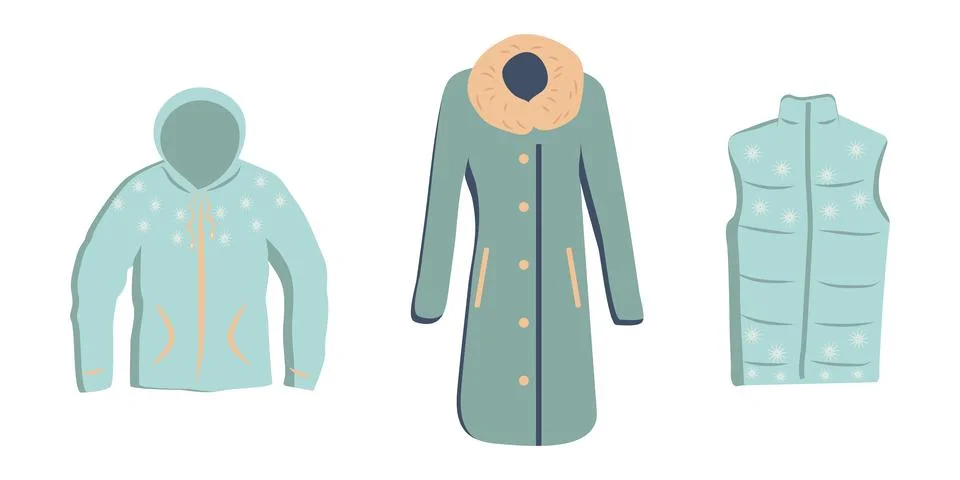 Set of winter outerwear a white background. Illustrazione stock