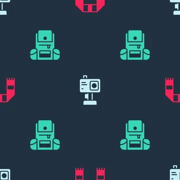Set Winter scarf, Action camera and Hiking backpack on seamless pattern. Vector Stock Illustration