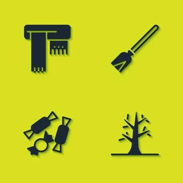 Set Winter scarf, Bare tree, Candy and Handle broom icon. Vector Illustration