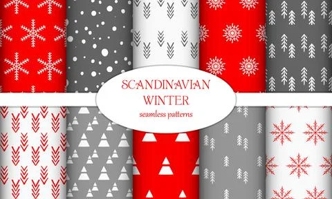 Set of winter seamless hand drawn patterns in Scandinavian style. Festive p.. Illustrazione stock