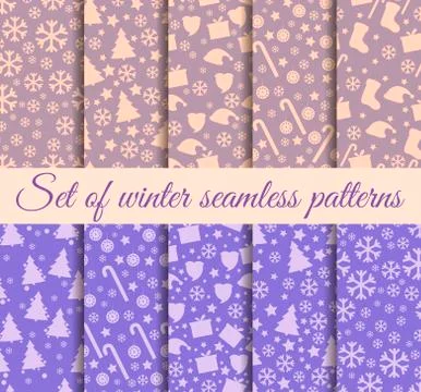 Set of winter seamless patterns with snowflakes, Christmas trees and toys Stock Illustration
