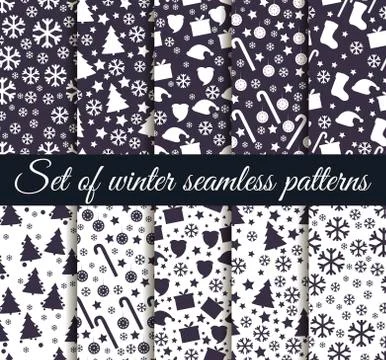 Set of winter seamless patterns with snowflakes, Christmas trees and toys Stock Illustration
