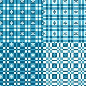 Set of winter seamless patterns with tartan and snowflakes. Vector backgrounds. Stock Illustration