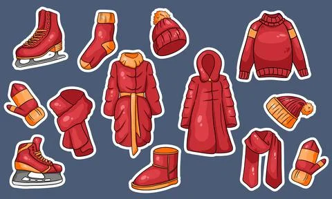 A set of winter things. Collection of warm clothes. Cartoon style. Stock Illustration