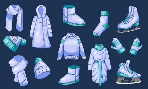A set of winter things. Collection of warm clothes. Cartoon style. Stock Illustration