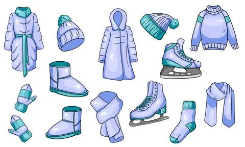 A set of winter things. Collection of warm clothes. Cartoon style. Stock Illustration