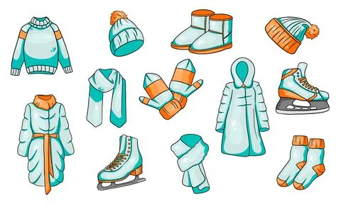 A set of winter things. Collection of warm clothes. Cartoon style. Stock Illustration