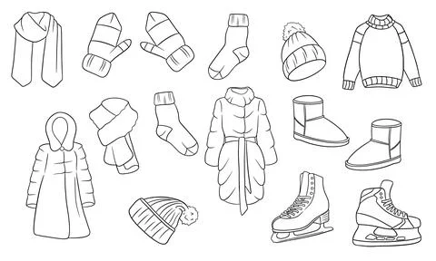 A set of winter things. Collection of warm clothes. Line style. イラスト素材
