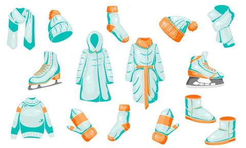 A set of winter things. Collection of warm clothes. Cartoon style. Ilustración de archivo
