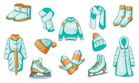 A set of winter things. Collection of warm clothes. Cartoon style. Stock Illustration