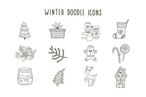 Set of winter vector doodle icons. Christmas illustrations for festive design Stock Illustration