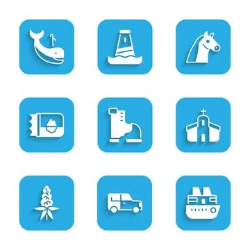 Set Winter warm boot, Car, Cruise ship, Church building, Lupine flower, Ticket Ilustración de archivo