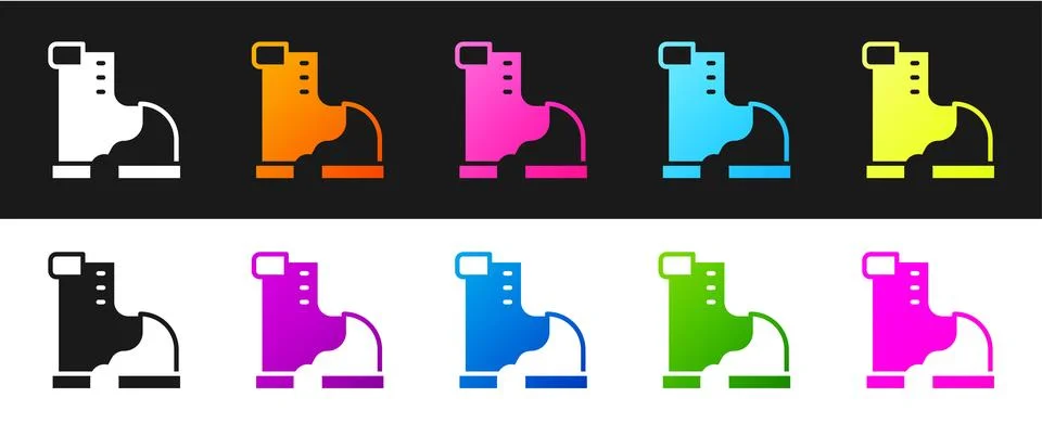 Set Winter warm boot icon isolated on black and white background. Waterproo.. Stock Illustration