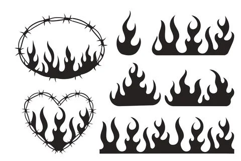 Set Wire Barb heart, oval frame y2k tattoo border, flame silhouette gothic spiky Stock Illustration