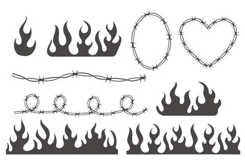 Set Wire Barb heart, oval frame y2k tattoo border, flame silhouette gothic spiky Stock Illustration