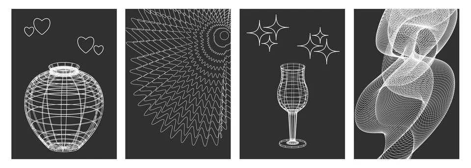 Set of wire frame mesh vases. Black and white linear retro design elements. 3D Illustrazione stock