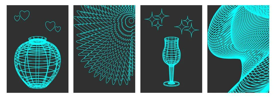 Set of wire frame mesh vases. Black and white linear retro design elements. 3D Stock Illustration